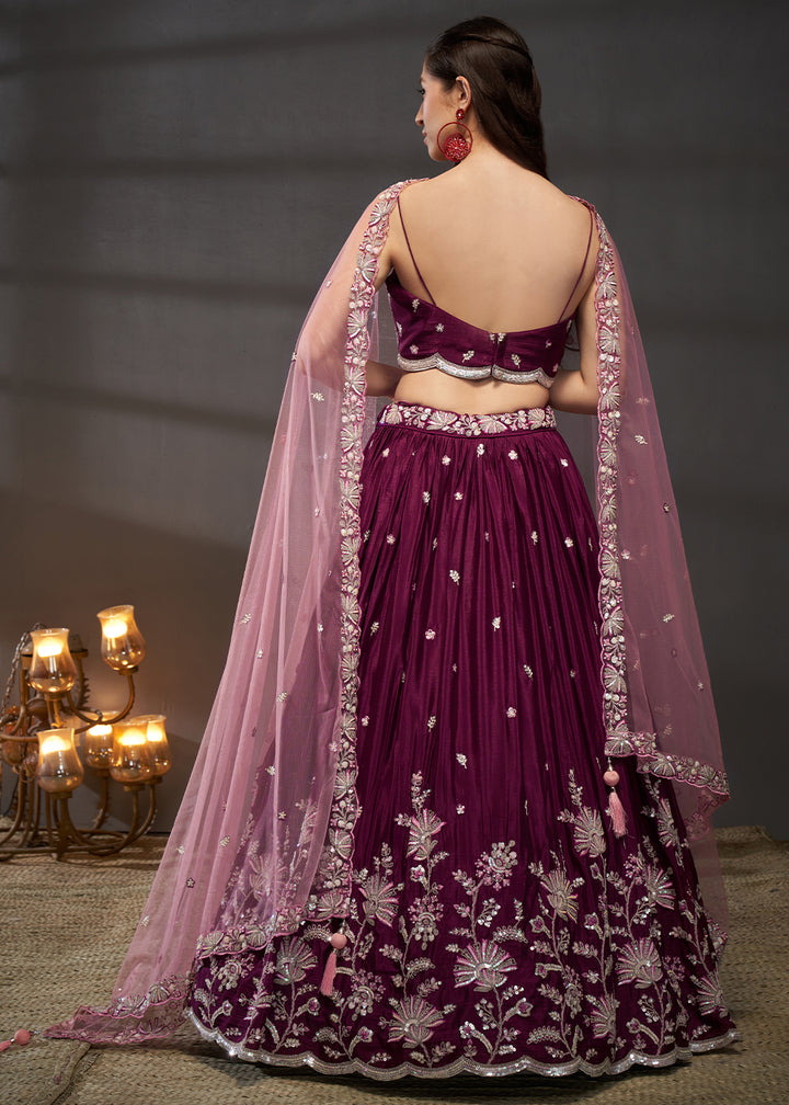 Claret Purple Chiffon Lehenga Choli Adorned with Sequins Embroidery