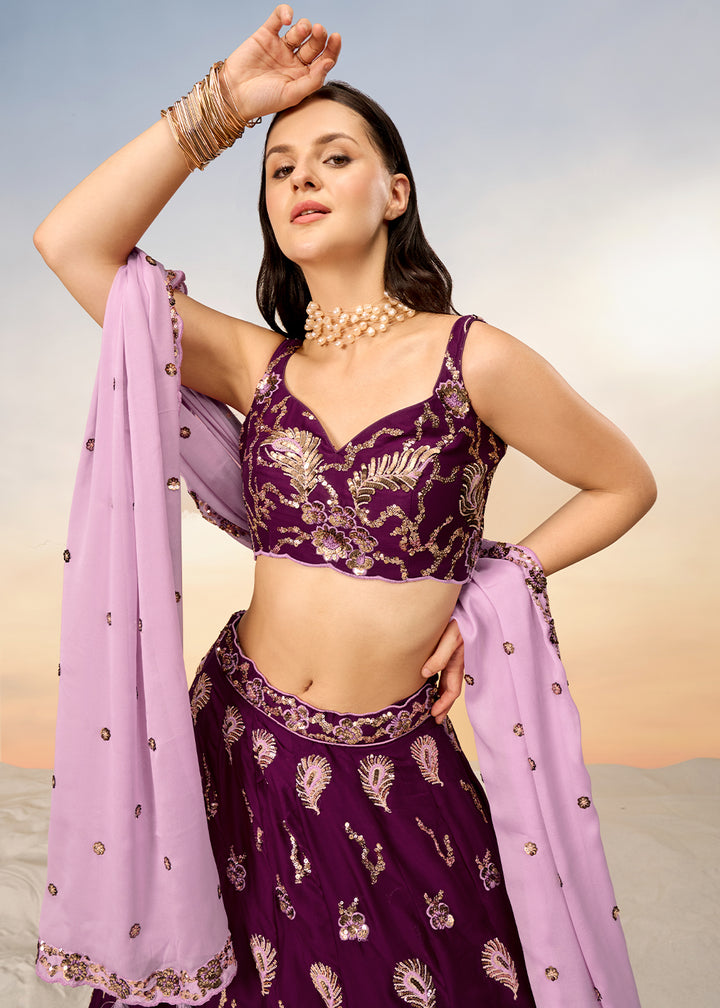 Eggplant Purple Georgette Lehenga Choli Adorned with Sequins Embroidery