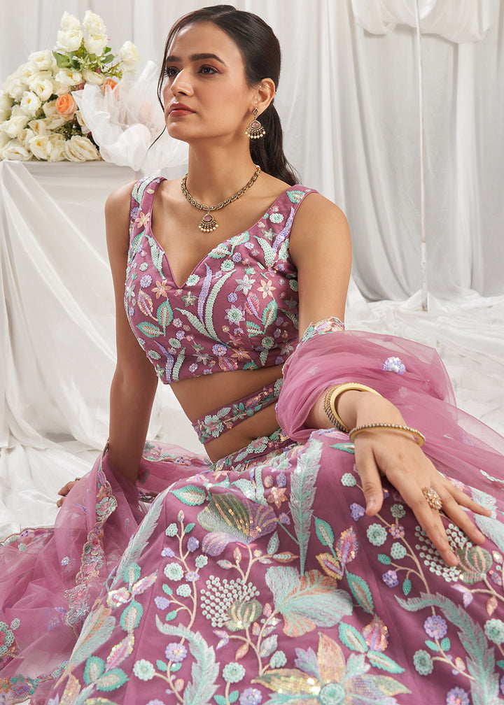 Wildberry Purple Net Lehenga Choli Adorned with Sequins Embroidery Work