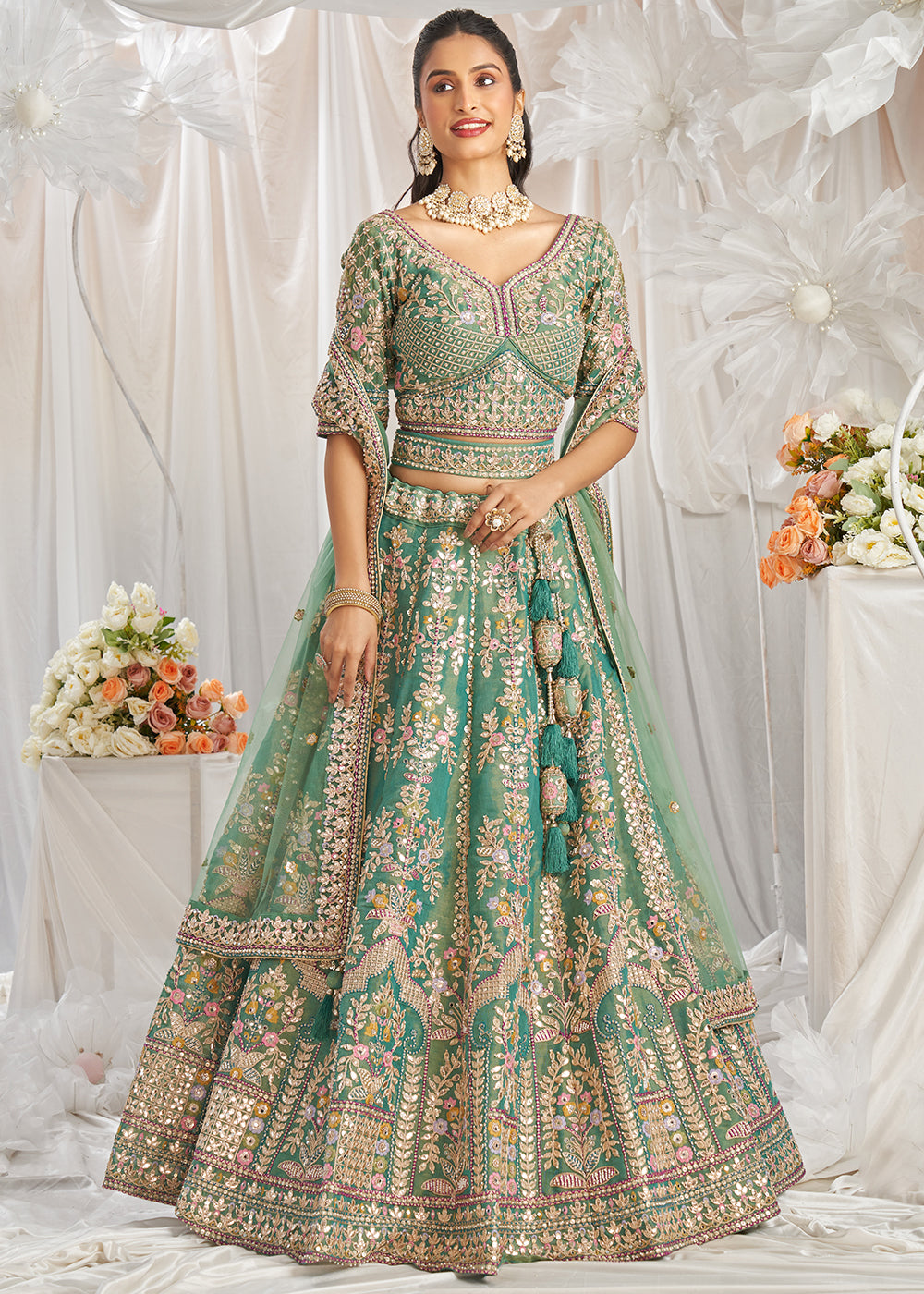 Sea Green Tissue Lehenga Choli  Adorned with Pearl and Gotapatti Embroidery: The Bride's Edit