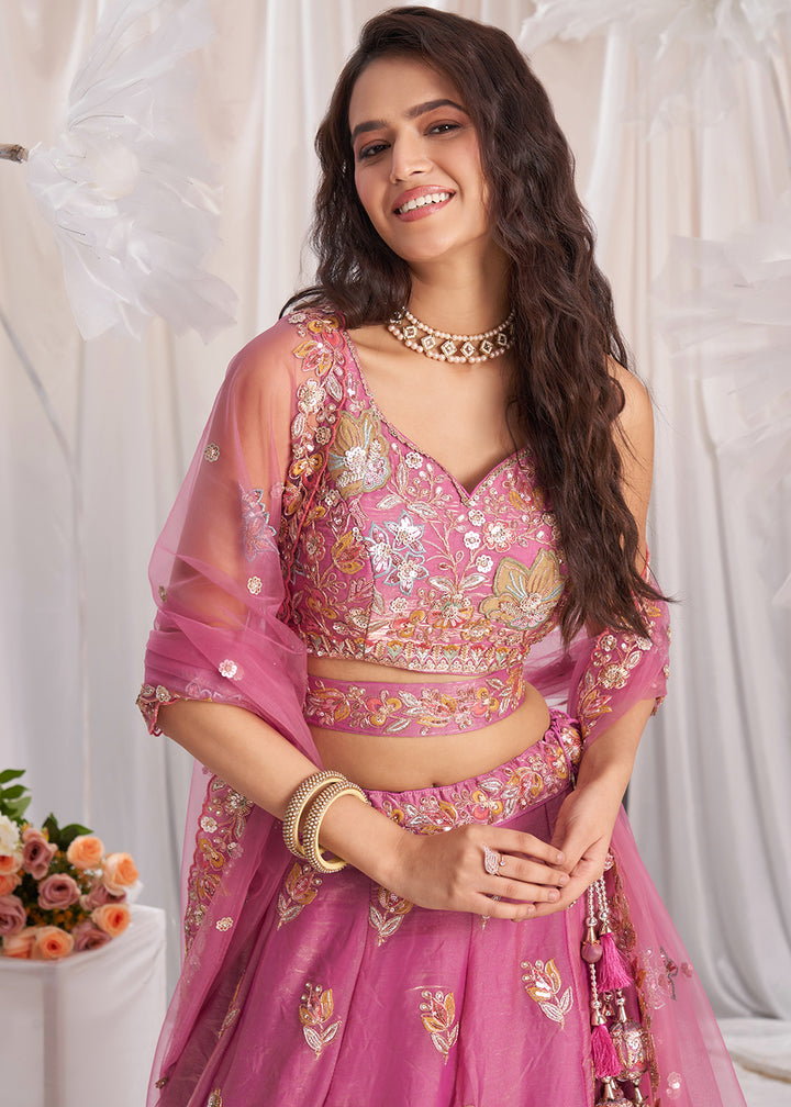 Deep Pink Organza Lehenga Choli Adorned with Sequins Embroidery Work