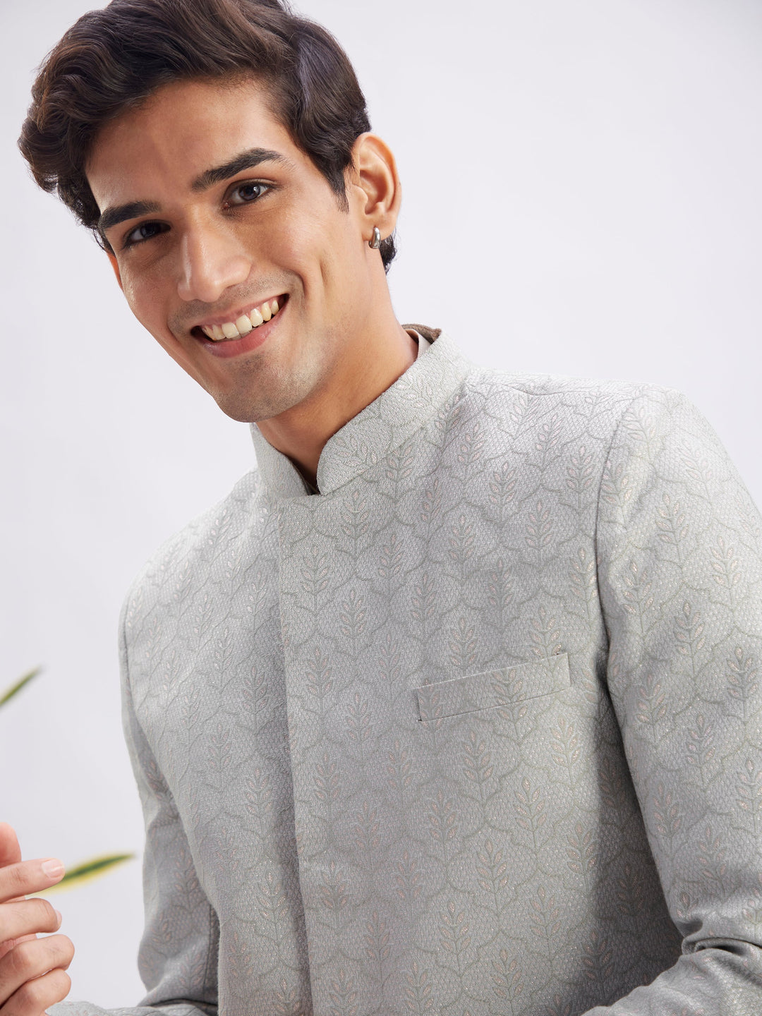 Sarvati Men's Grey Jaccard Sherwani With Cream Kurta Pant Set