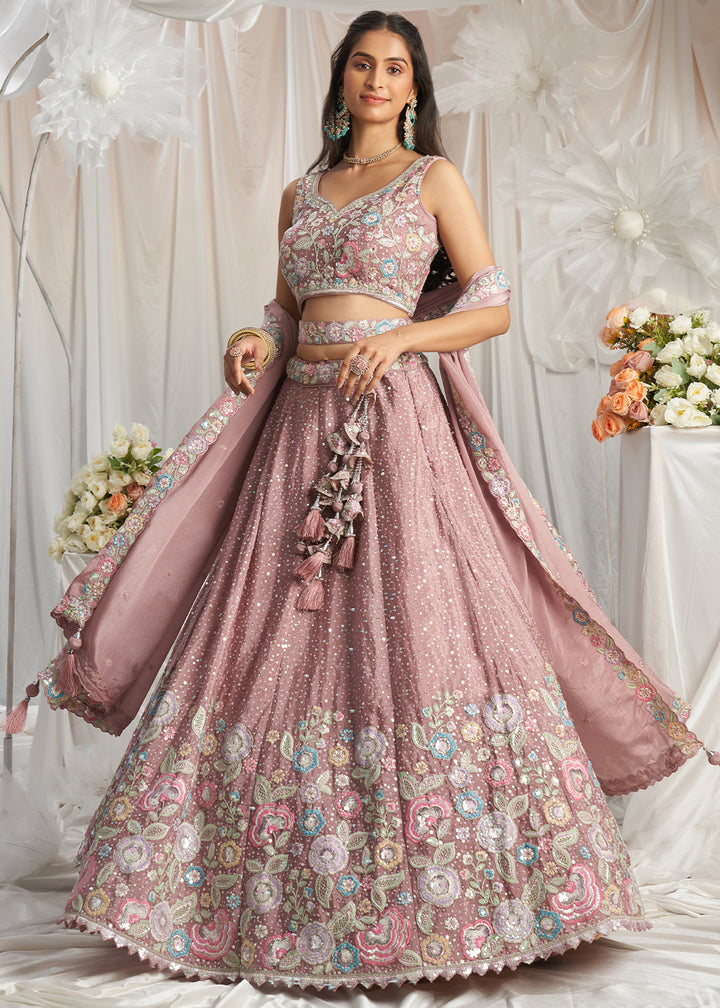 Rose Gold Pink Chiffon Lehenga Choli Adorned with Sequins & Thread Embroidery