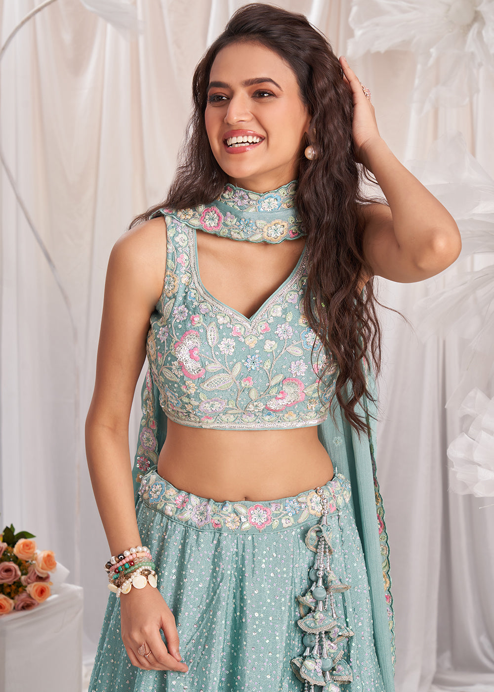 Light Sea Green Chiffon Lehenga Choli Adorned with Sequins & Thread Embroidery