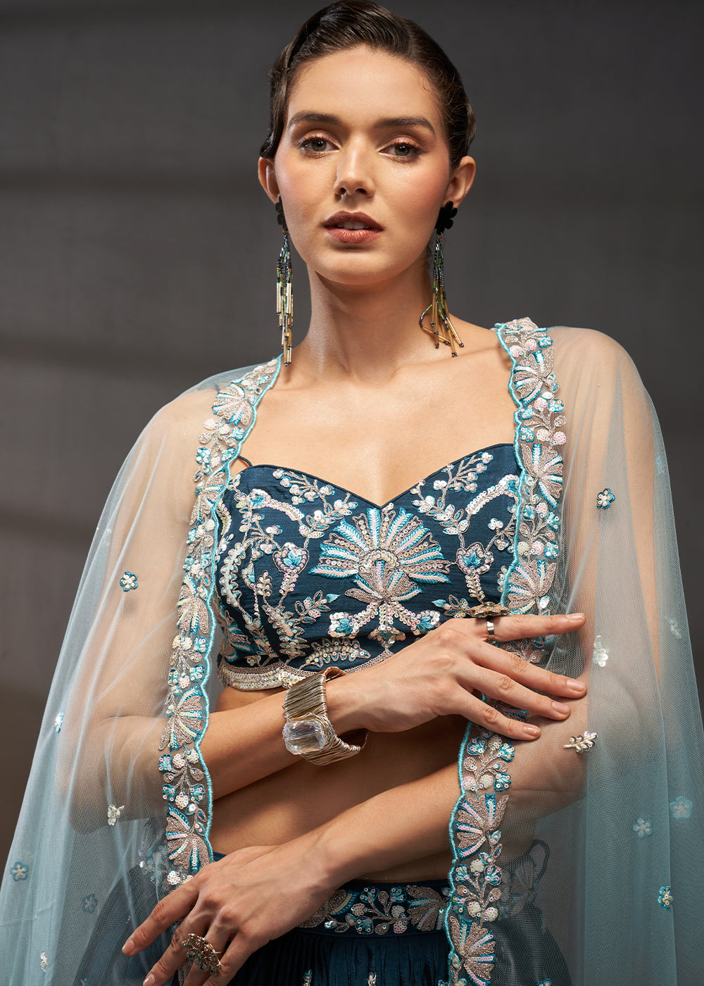 Prussian Blue Chiffon Lehenga Choli Adorned with Sequins Embroidery