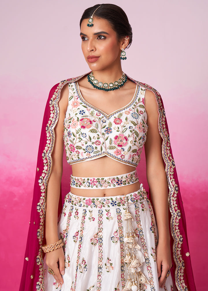 Pearl White Georgette Lehenga Choli Adorned with Moti & Sequins Embroidery Work