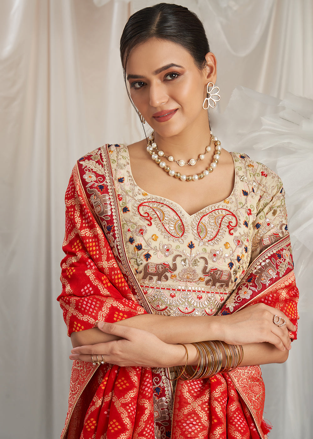 Cream White & Red Tissue Lehenga Choli Intricate with Gotapatti Embroidery Work