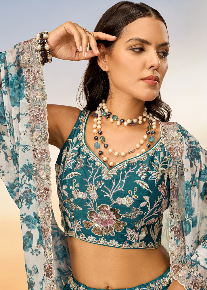 Teal Blue Chiffon Lehenga Choli Adorned with Sequins Embroidery Work