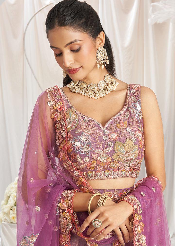 Lilac Purple Organza Lehenga Choli Adorned with Sequins Embroidery Work