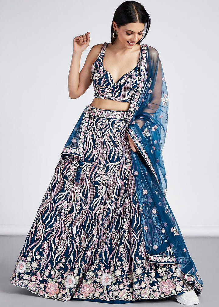 Navy Blue Net Lehenga Choli Highlighted with Sequins & Thread Embroidery