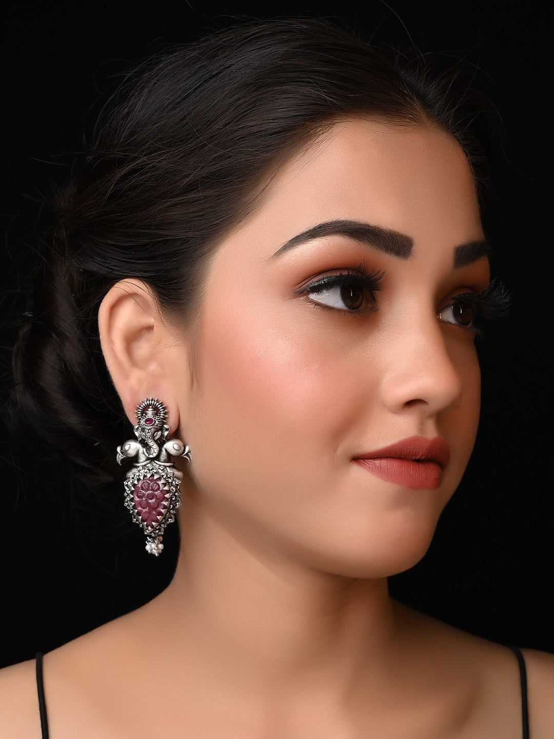 Jessie Ganesha Earrings With Maroon Carved Stone