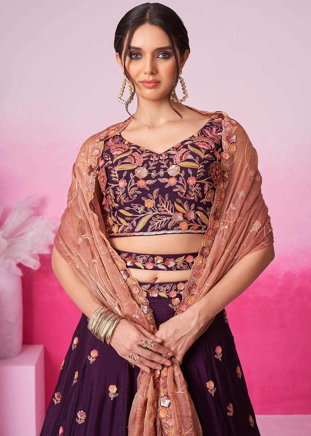 Eggplant Purple Chiffon Lehenga Choli Adorned with Sequins Embroidery Work