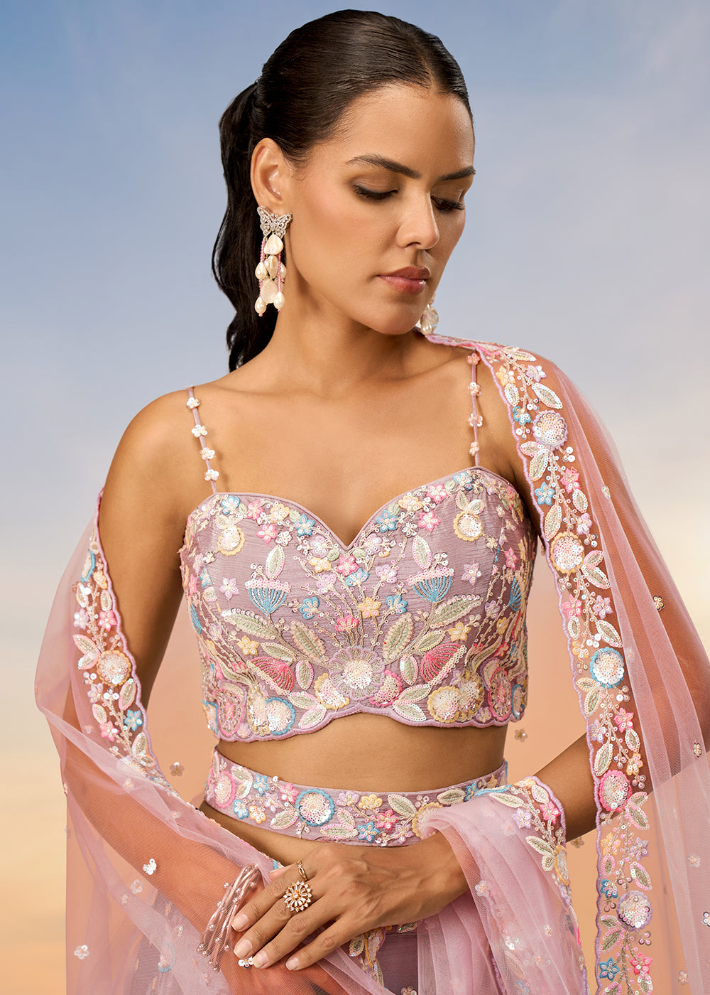 Rose Gold Pink Chiffon Lehenga Choli Adorned with Sequins & Thread Embroidery