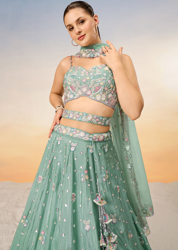 Celadon Green Chiffon Lehenga Choli Adorned with Sequins & Thread Embroidery