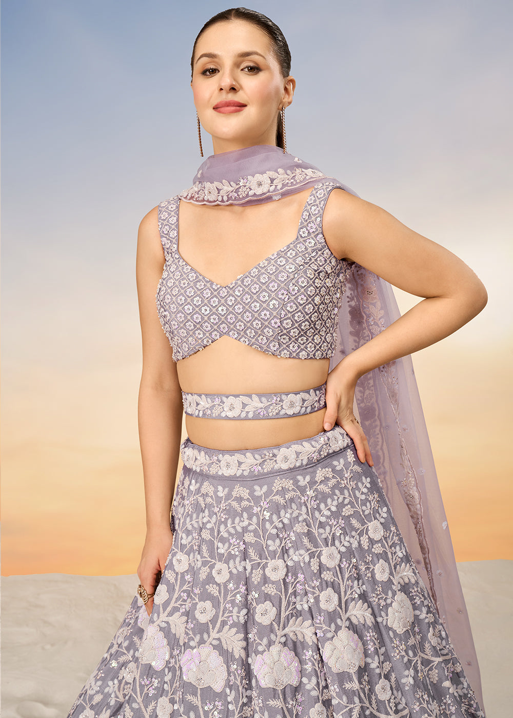 Periwinkle Purple Georgette Lehenga Choli Highlighted with Sequins & Zarkan Embroidery