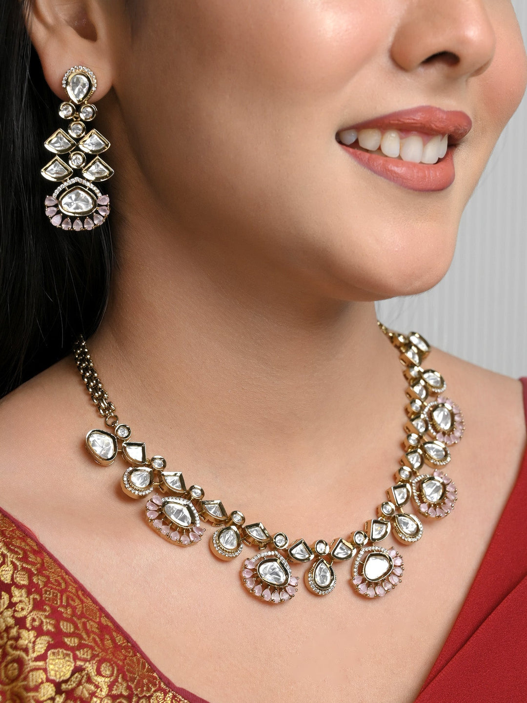 Dhanvanti Baby Pink Diamond Polki Necklace Set