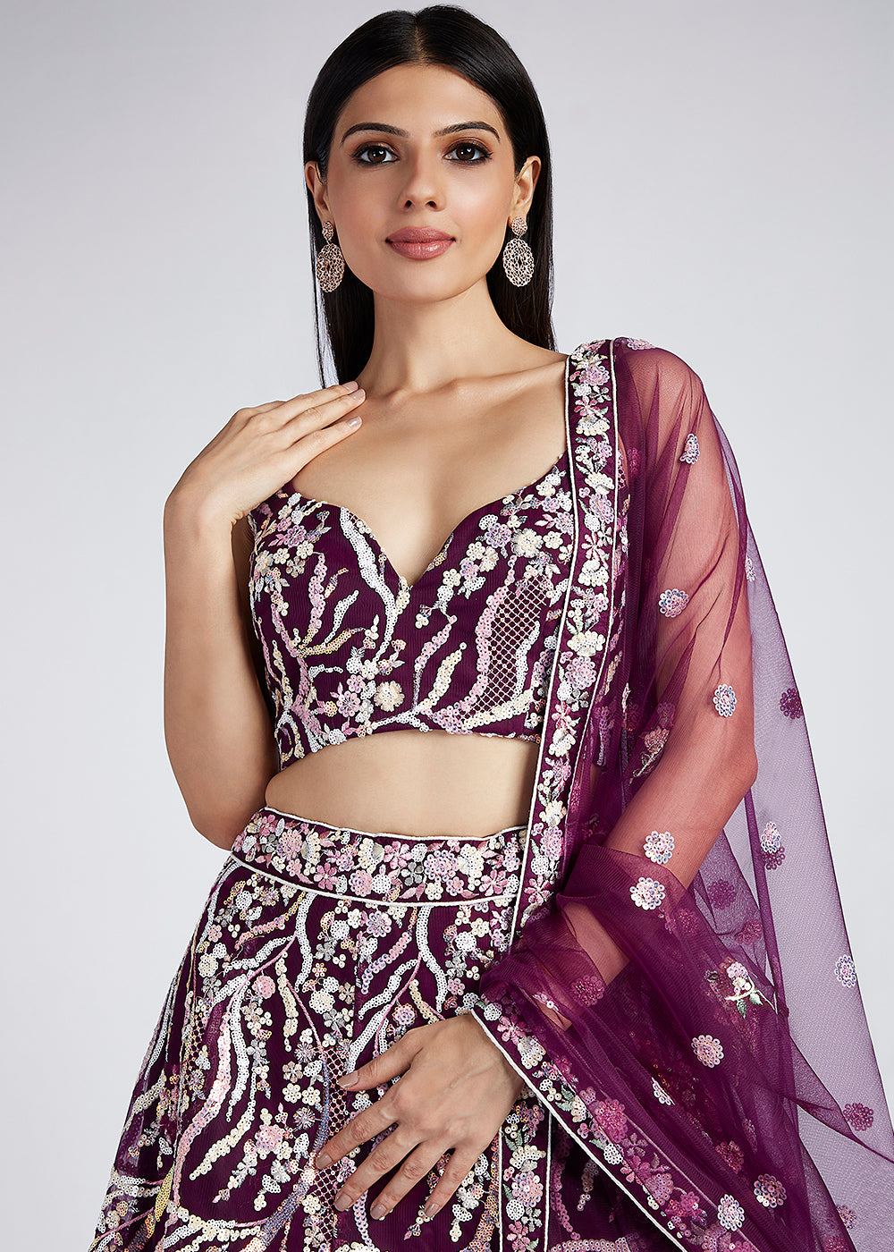 Burgundy Purple Net Lehenga Choli Highlighted with Sequins & Thread Embroidery