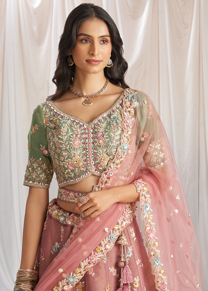 Blush Pink & Green Net Lehenga Choli Adnored with Pearl & Gotapatti Embroidery work: The Bride's Edit