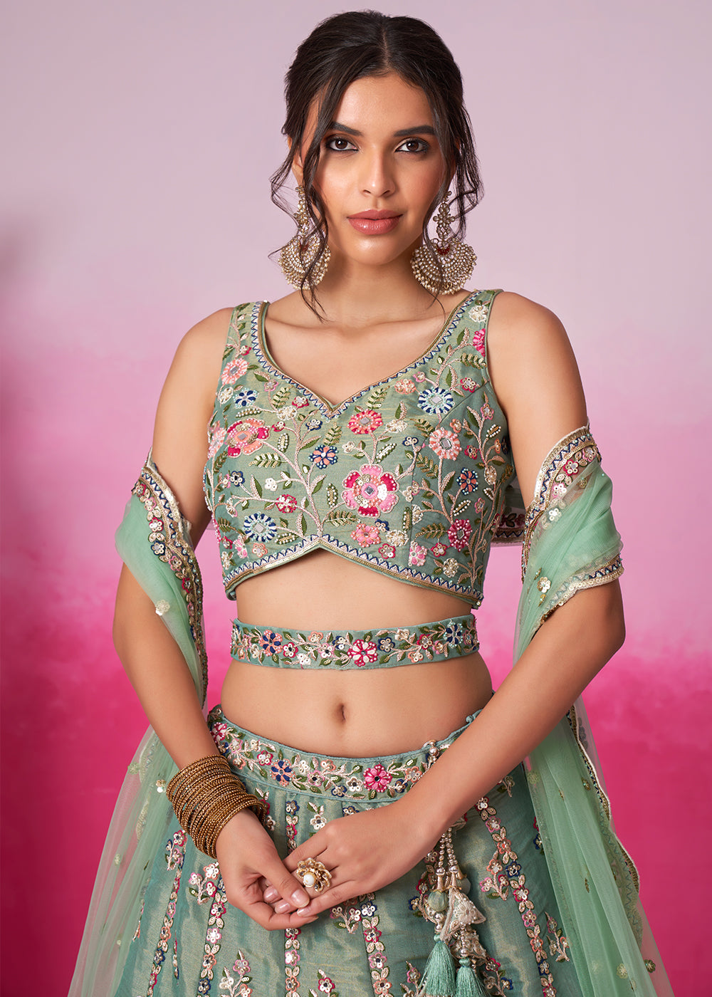 Pistachio Green Net Lehenga Choli Adorned with Moti & Sequins Embroidery Work