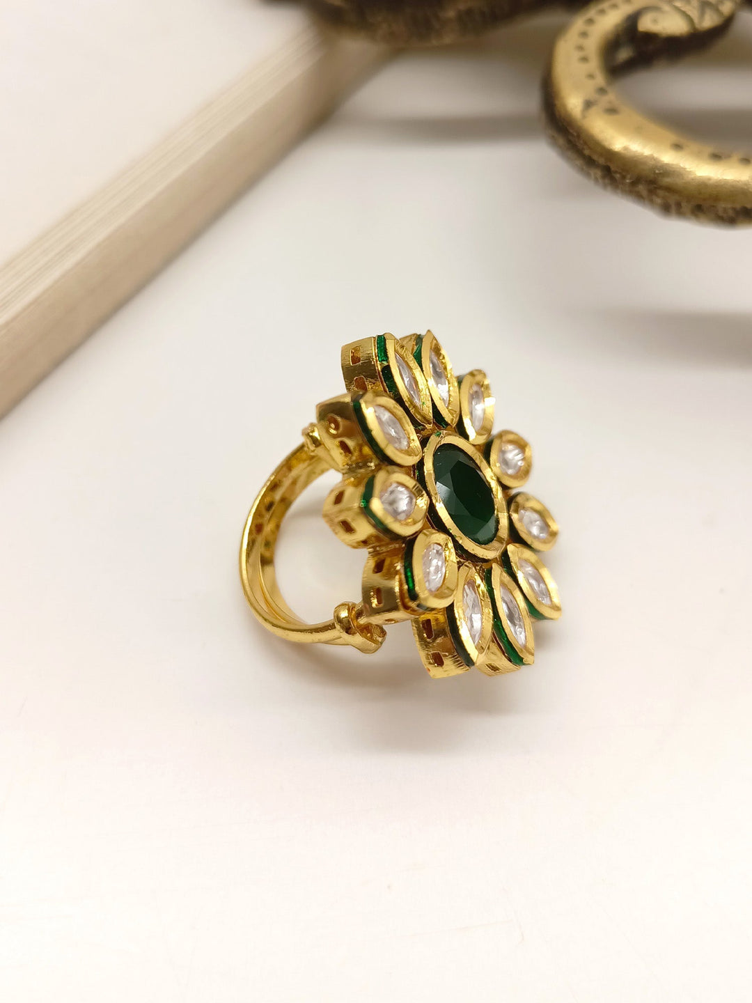 Jaspinder Green Kundan Finger Ring