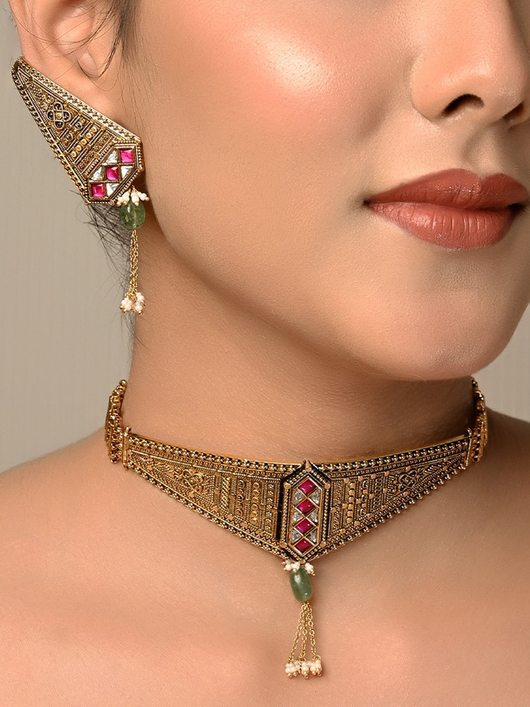 Kavisha Majenta Antique Choker Set - Gold-Plated Brass