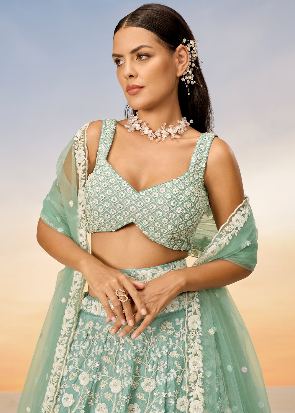 Pastel Green Georgette Lehenga Choli Highlighted with Sequins & Zarkan Embroidery