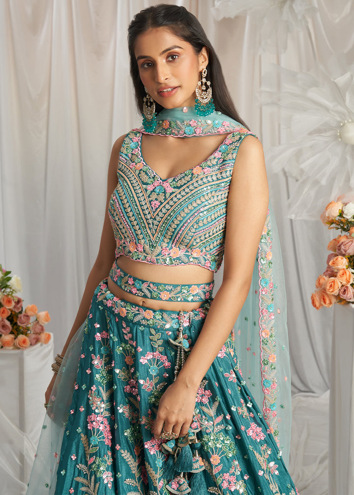 Teal Green Georgette Lehenga Choli Adorned with Sequins Embroidery