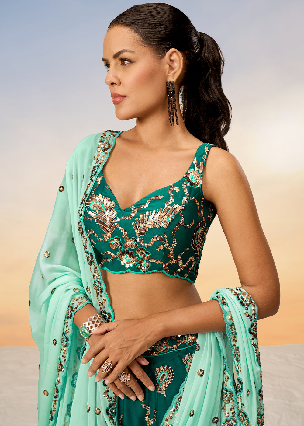 Shades Of Green Georgette Lehenga Choli Adorned with Sequins Embroidery