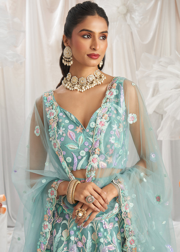 Greenish Blue Net Lehenga Choli Adorned with Sequins Embroidery Work