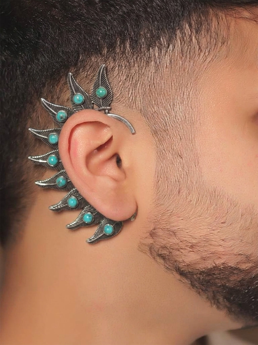 Shivendra Firozi Men’s Oxidized Feather Earcuff - Turquoise