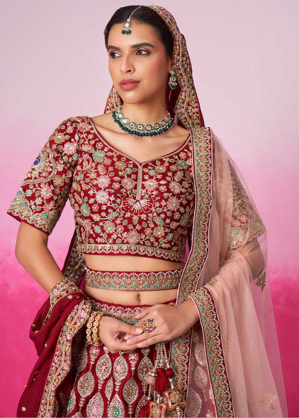 Maroon Red Silk Lehenga Choli Adorned with Moti & Sequins Embroidery Work: Bridal Collection