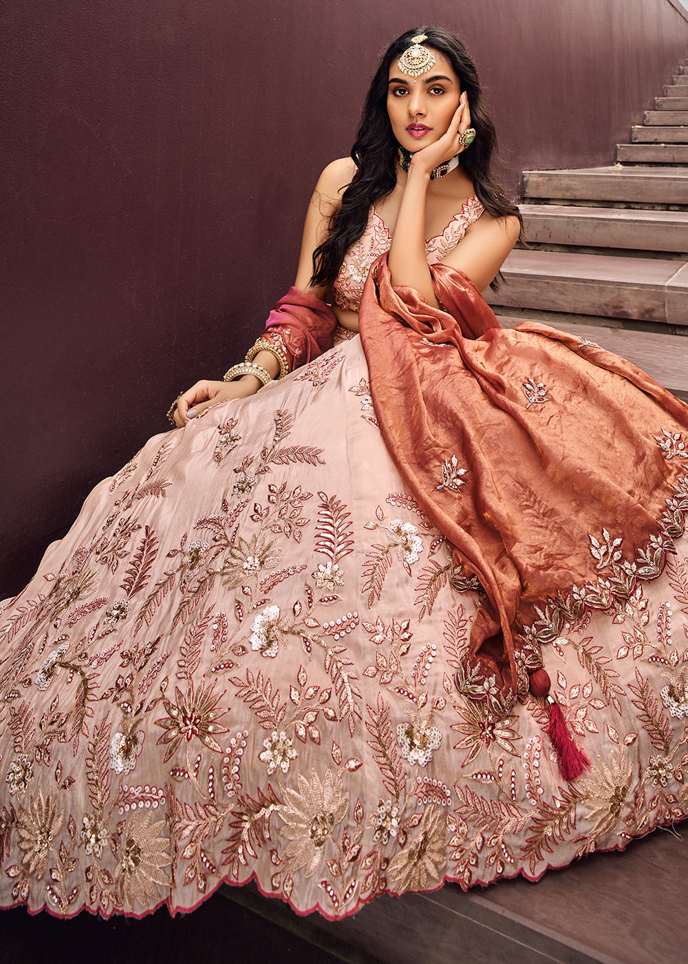 Rose Gold Pink Viscose Rayon Lehenga Choli Adorned with Sequins Embroidery Work