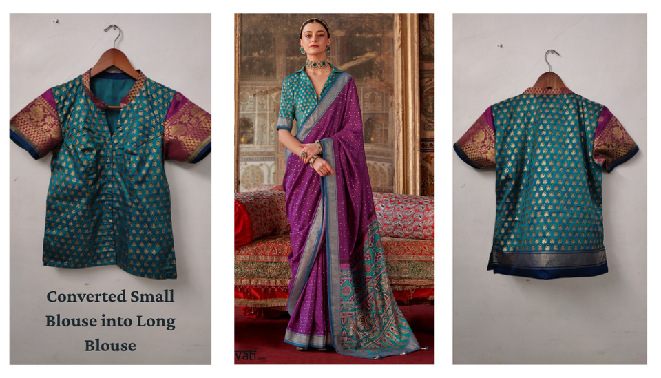 Three images showing a converted small blouse into a long blouse with a saree.