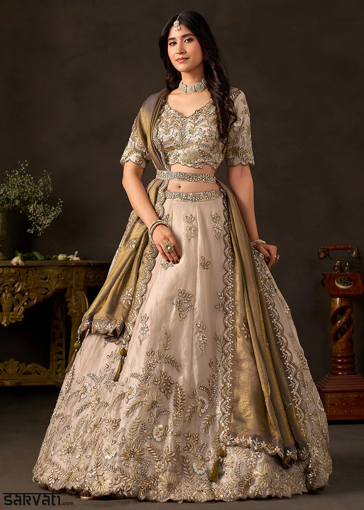 Champagne Beige & Bronze Gold Silk Lehenga Choli with Zari, Dori & Sequin Work