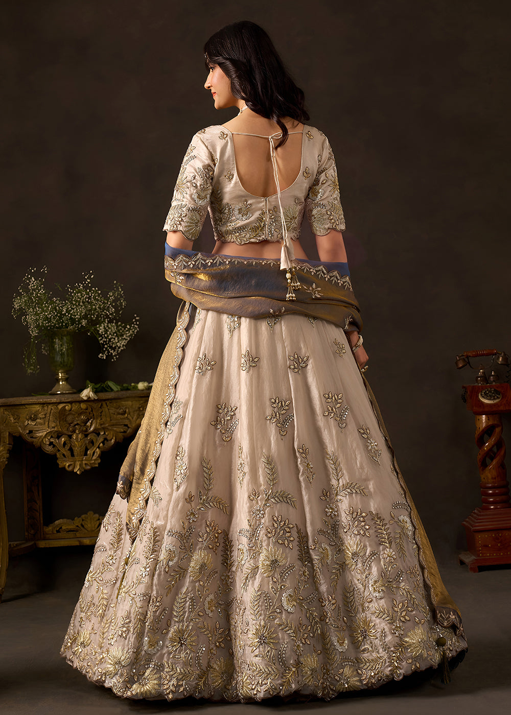 Champagne Beige & Bronze Gold Silk Lehenga Choli with Zari, Dori & Sequin Work