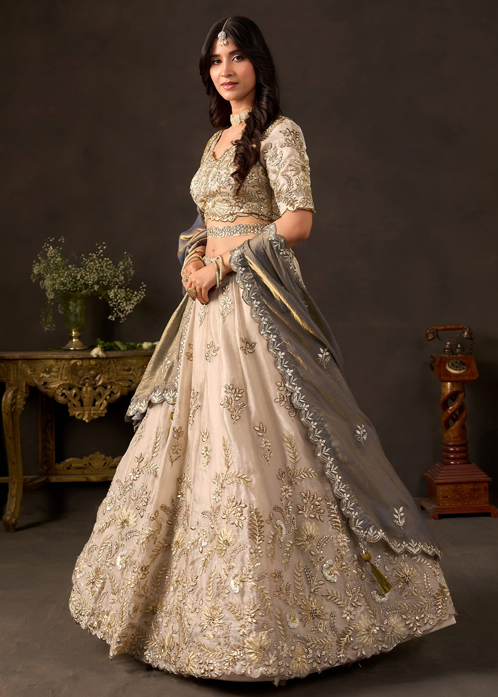 Champagne Beige & Bronze Gold Silk Lehenga Choli with Zari, Dori & Sequin Work