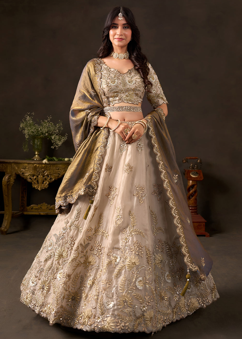 Champagne Beige & Bronze Gold Silk Lehenga Choli with Zari, Dori & Sequin Work