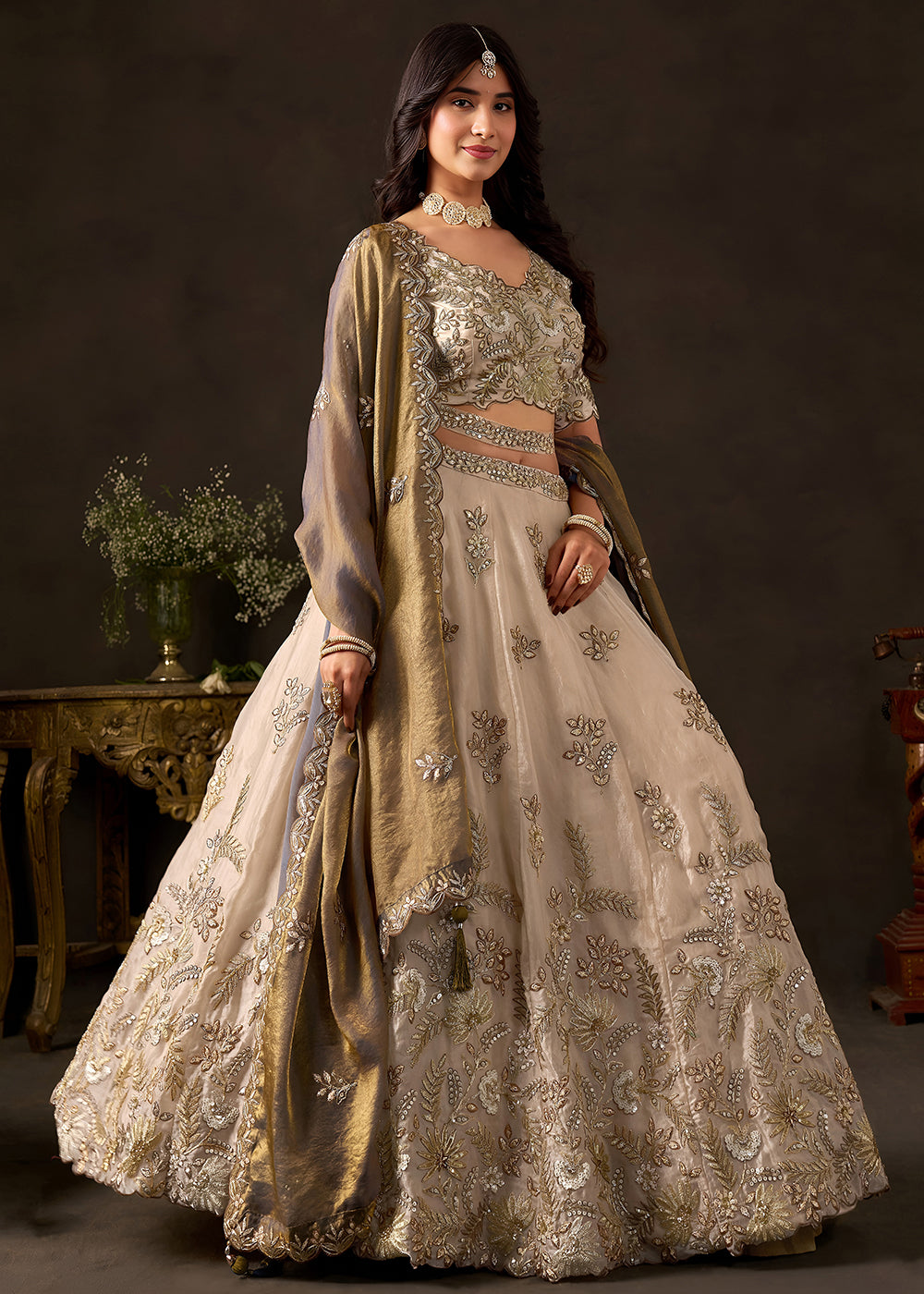 Champagne Beige & Bronze Gold Silk Lehenga Choli with Zari, Dori & Sequin Work