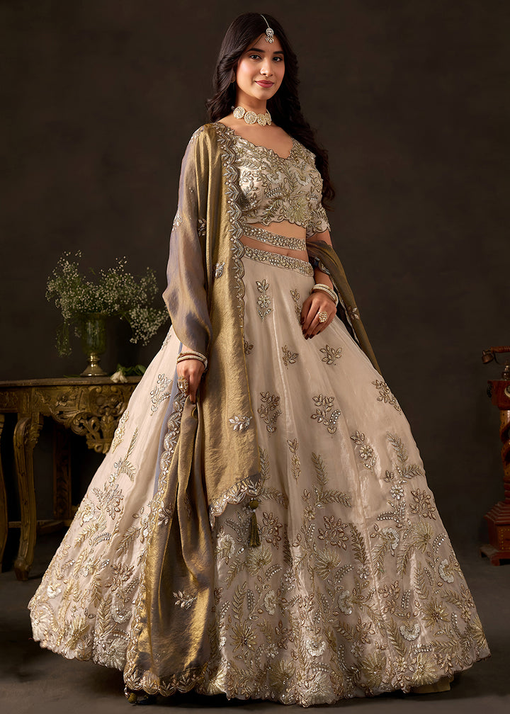 Champagne Beige & Bronze Gold Silk Lehenga Choli with Zari, Dori & Sequin Work