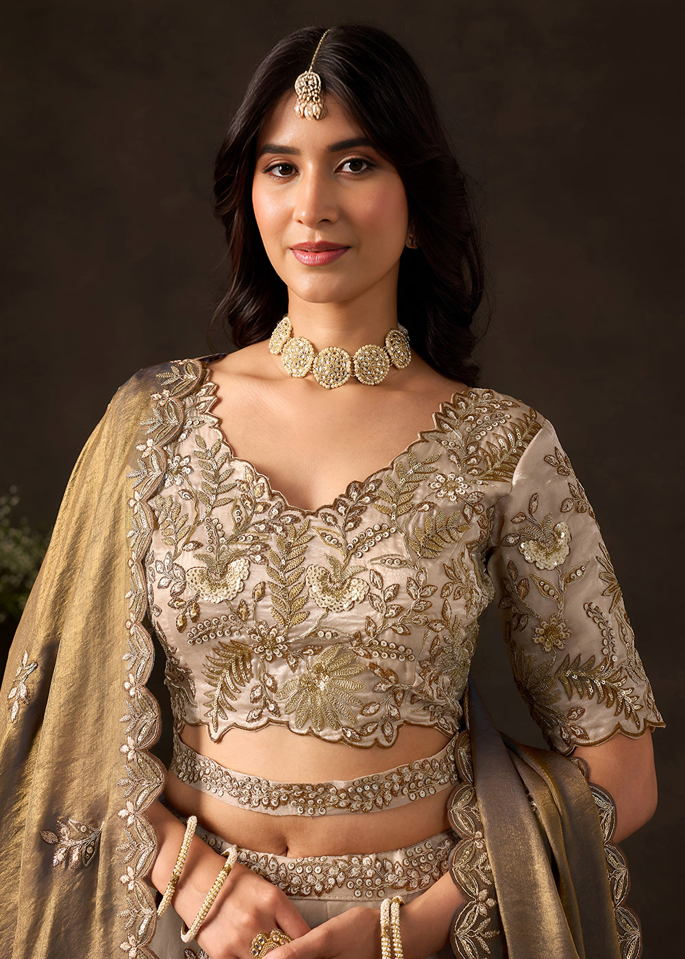 Champagne Beige & Bronze Gold Silk Lehenga Choli with Zari, Dori & Sequin Work