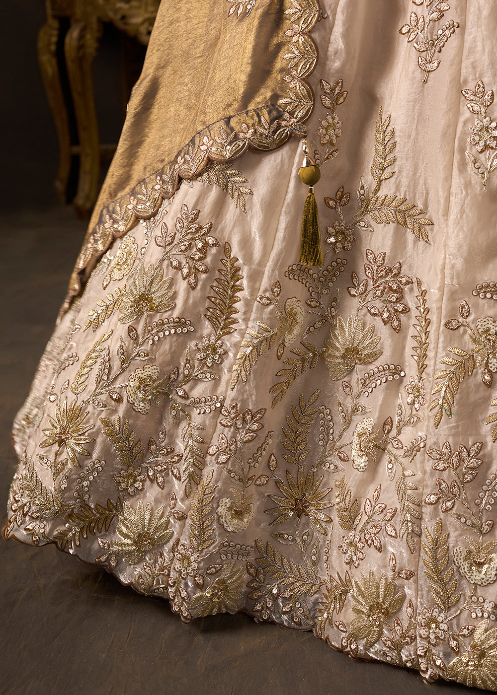 Champagne Beige & Bronze Gold Silk Lehenga Choli with Zari, Dori & Sequin Work