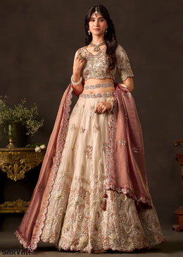 Champagne Beige and Antique Rose Pink Silk Lehenga Choli with Zari, Dori & Sequin Work