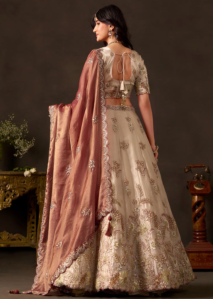Champagne Beige and Antique Rose Pink Silk Lehenga Choli with Zari, Dori & Sequin Work