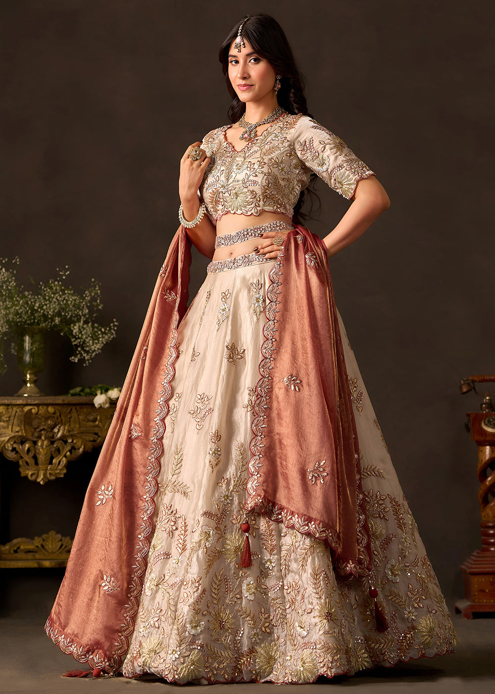 Champagne Beige and Antique Rose Pink Silk Lehenga Choli with Zari, Dori & Sequin Work