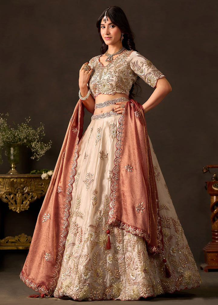 Champagne Beige and Antique Rose Pink Silk Lehenga Choli with Zari, Dori & Sequin Work