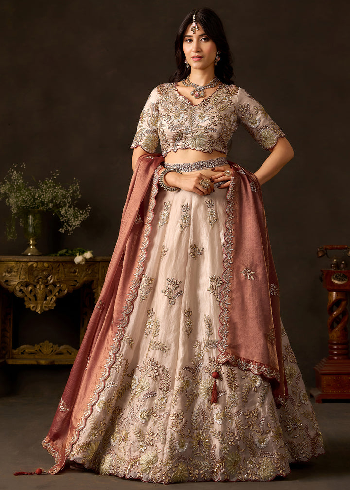 Champagne Beige and Antique Rose Pink Silk Lehenga Choli with Zari, Dori & Sequin Work