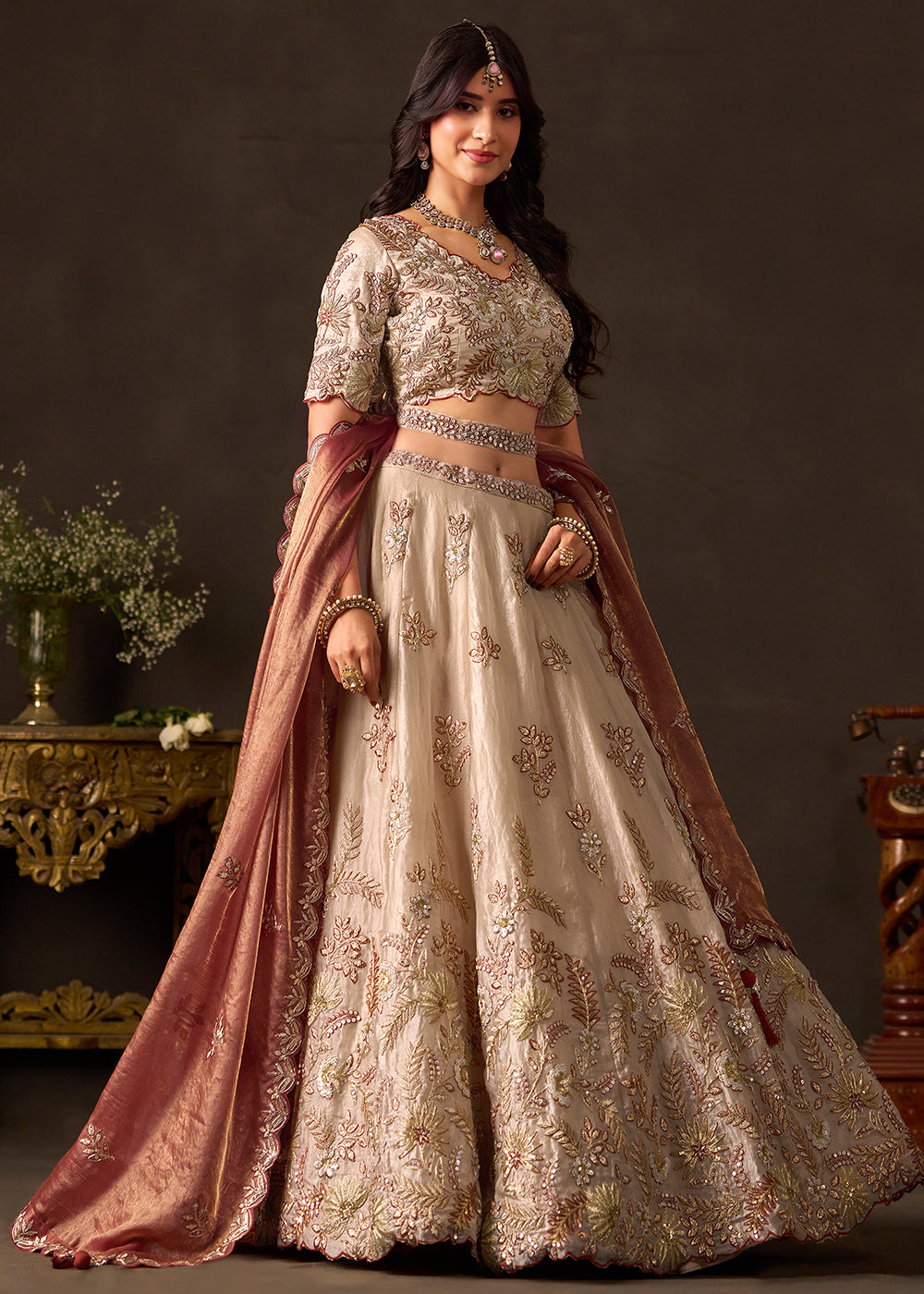 Champagne Beige and Antique Rose Pink Silk Lehenga Choli with Zari, Dori & Sequin Work