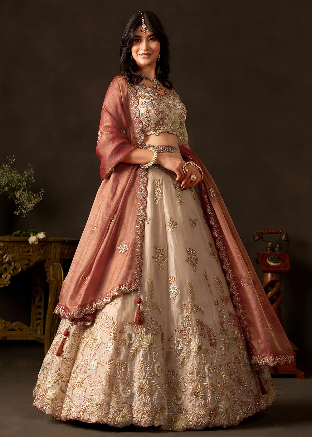 Champagne Beige and Antique Rose Pink Silk Lehenga Choli with Zari, Dori & Sequin Work