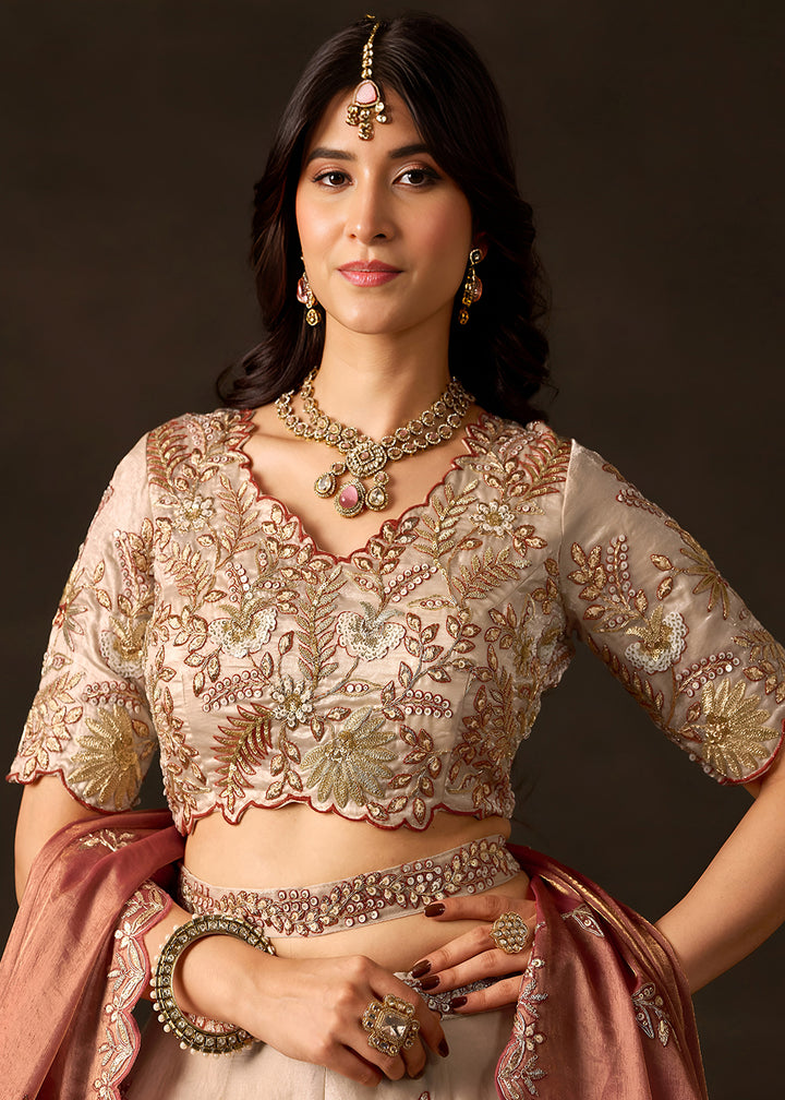 Champagne Beige and Antique Rose Pink Silk Lehenga Choli with Zari, Dori & Sequin Work