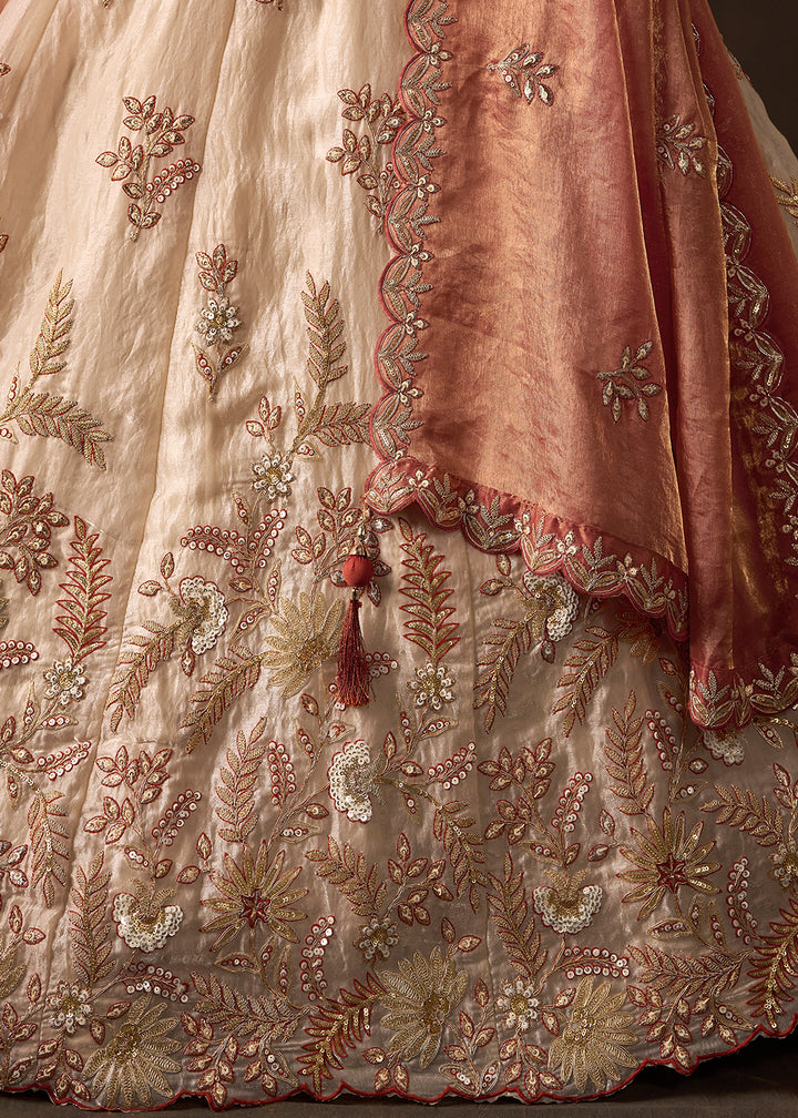 Champagne Beige and Antique Rose Pink Silk Lehenga Choli with Zari, Dori & Sequin Work